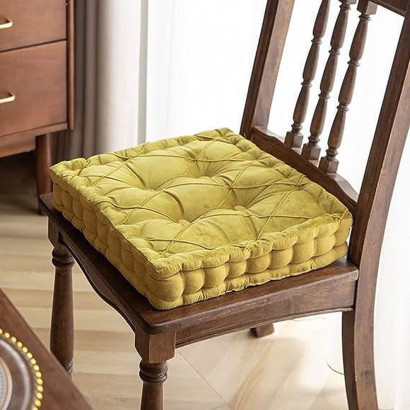 Nvzi Diamond Pattern Chair Pads with Handle Soft Comfy Velvet Seat Chair Cushion for Dining Chairs, Office Chairs, Hardwood Floors (Yellow Green,16x16)