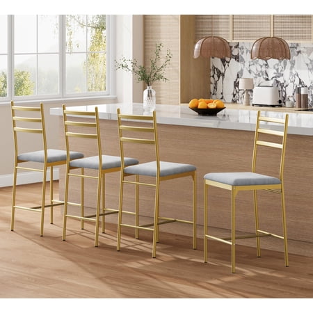 Modern Upholstered Bar Stools Set – Cushioned Seat Armless Curved Back Metal Frame Footrest – Counter Height Dining Chairs for Kitchen Island Restaurant or Apartment – Gold 4-Pack