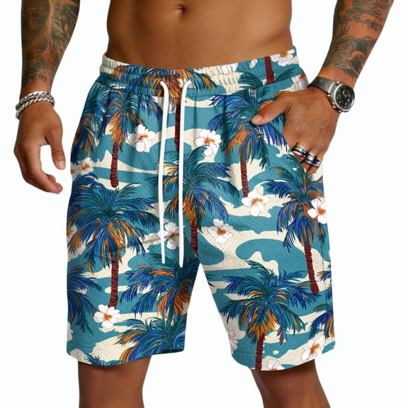 OIOLOYJM Mens Board Shorts Hawaiian Tropical Lounge Elastic Waist Drawstring Beach Shorts Summer Mesh Lightweight Quick-Dry Casual Short Pants with Pockets Light Blue L