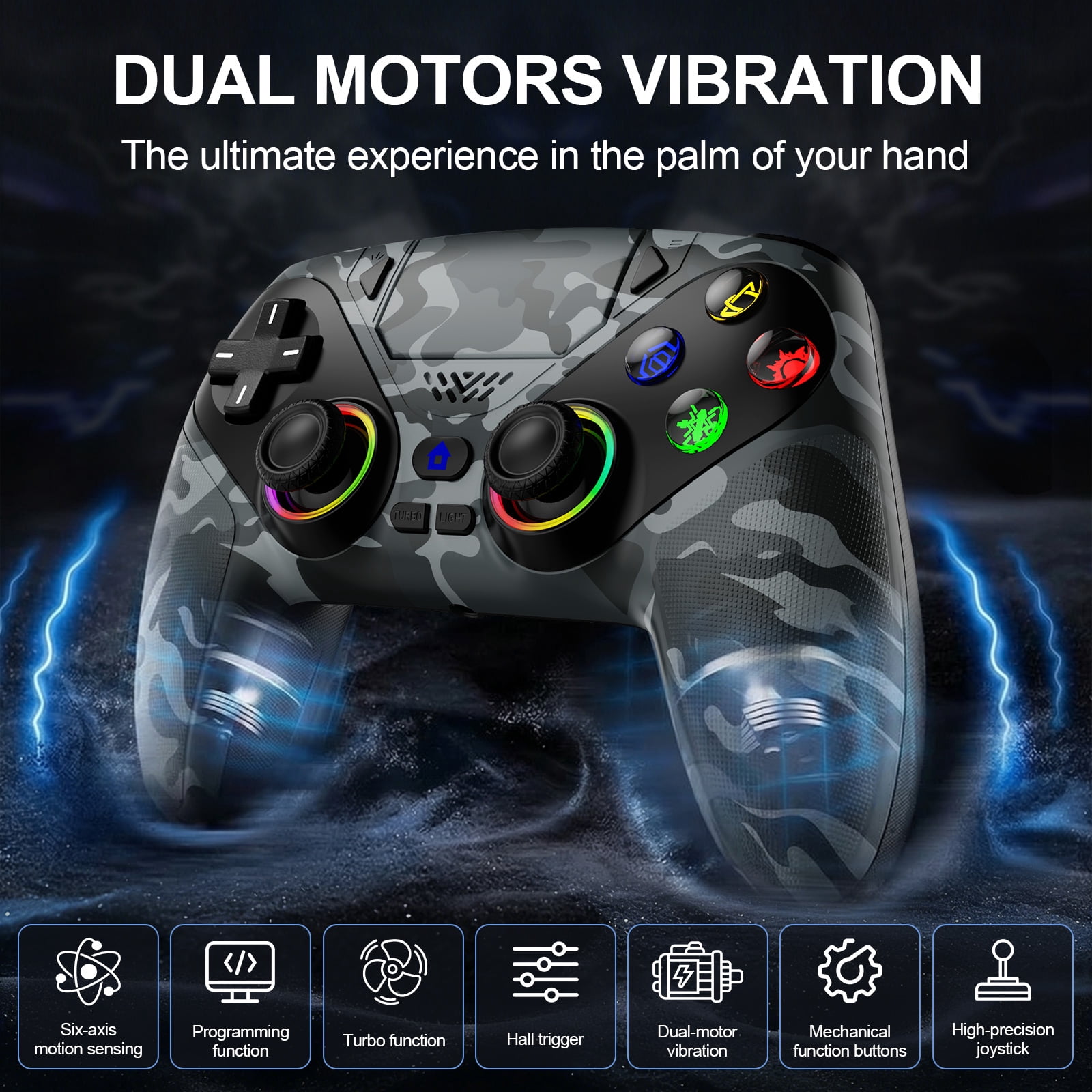 LED Wireless Controller for P5 PC, Bluetooth Controller with Turbo, Macro, Dynamic Vibration, 6-Axis Motion Control, 3.5mm Audio Jack, 1000mAh Battery, Speaker-White