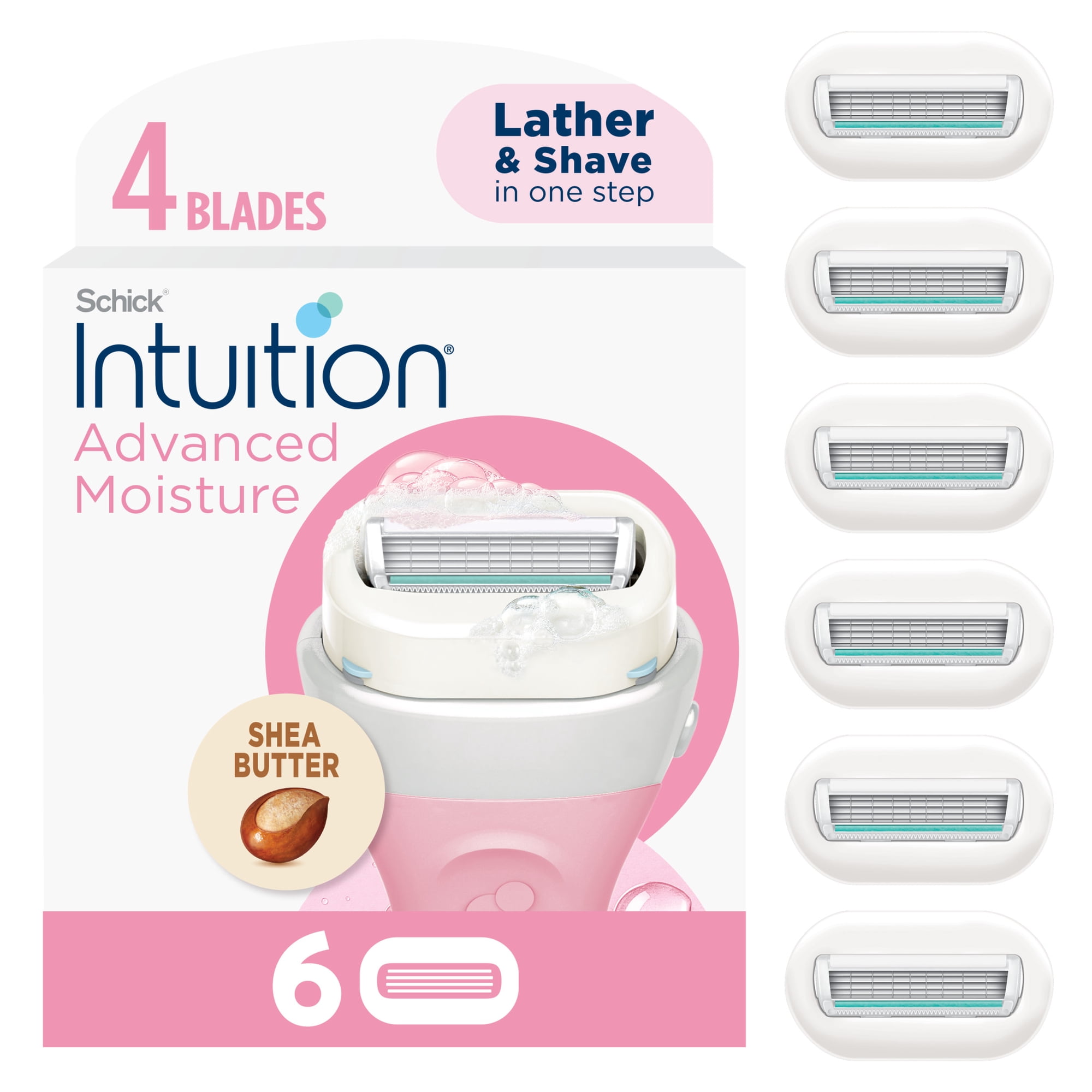 Schick Intuition Advanced Moisture Women's Razor 4-Blade Refills, 6 Ct, Lather & Shave In One Step