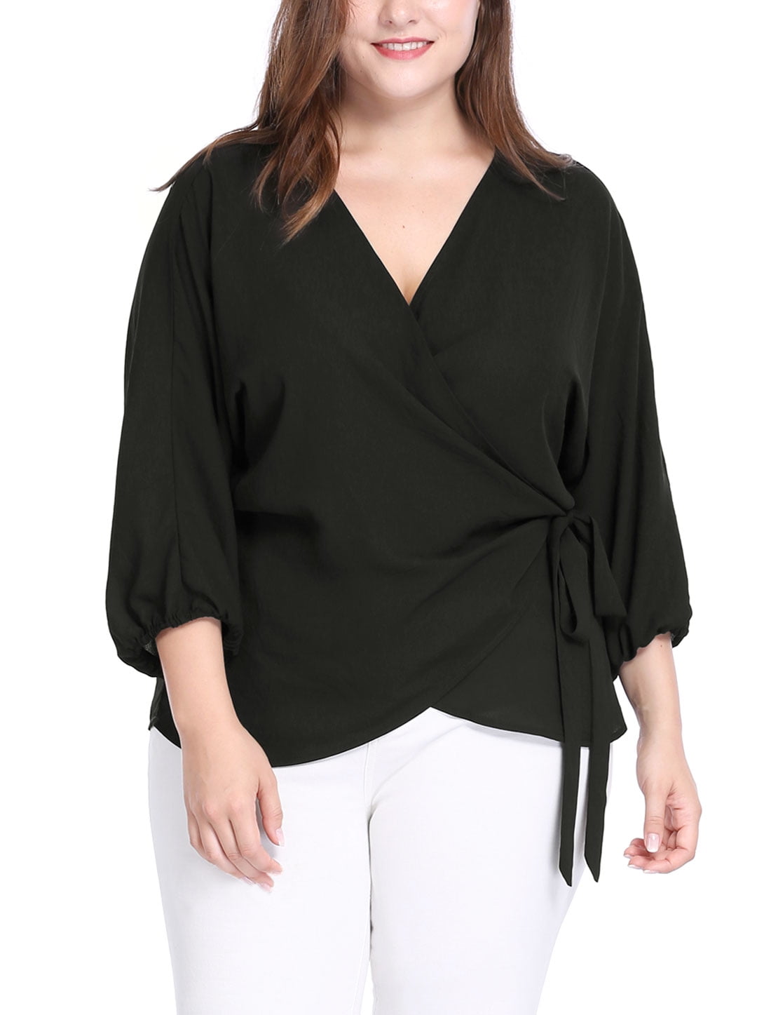 Agnes Orinda Women's Plus Size Self Tie VNeck Chiffon Wrap Tops