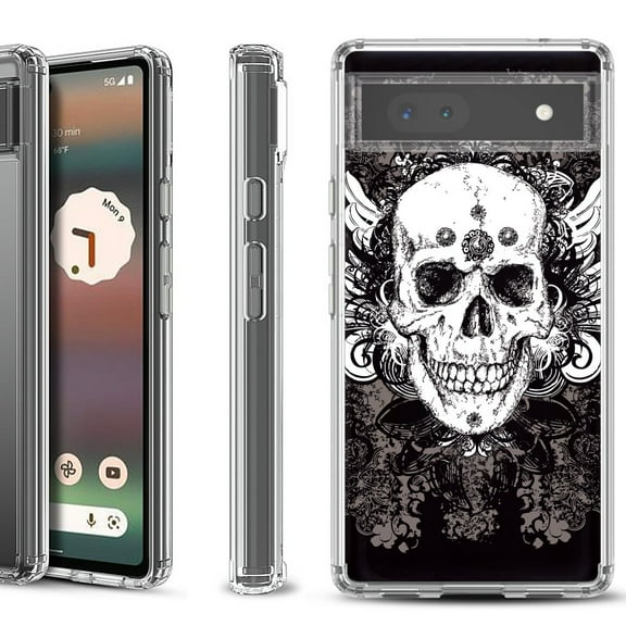 Shockproof Bumper Phone Case for Google Pixel 6a, by OneToughShield ® - Grunge Skull