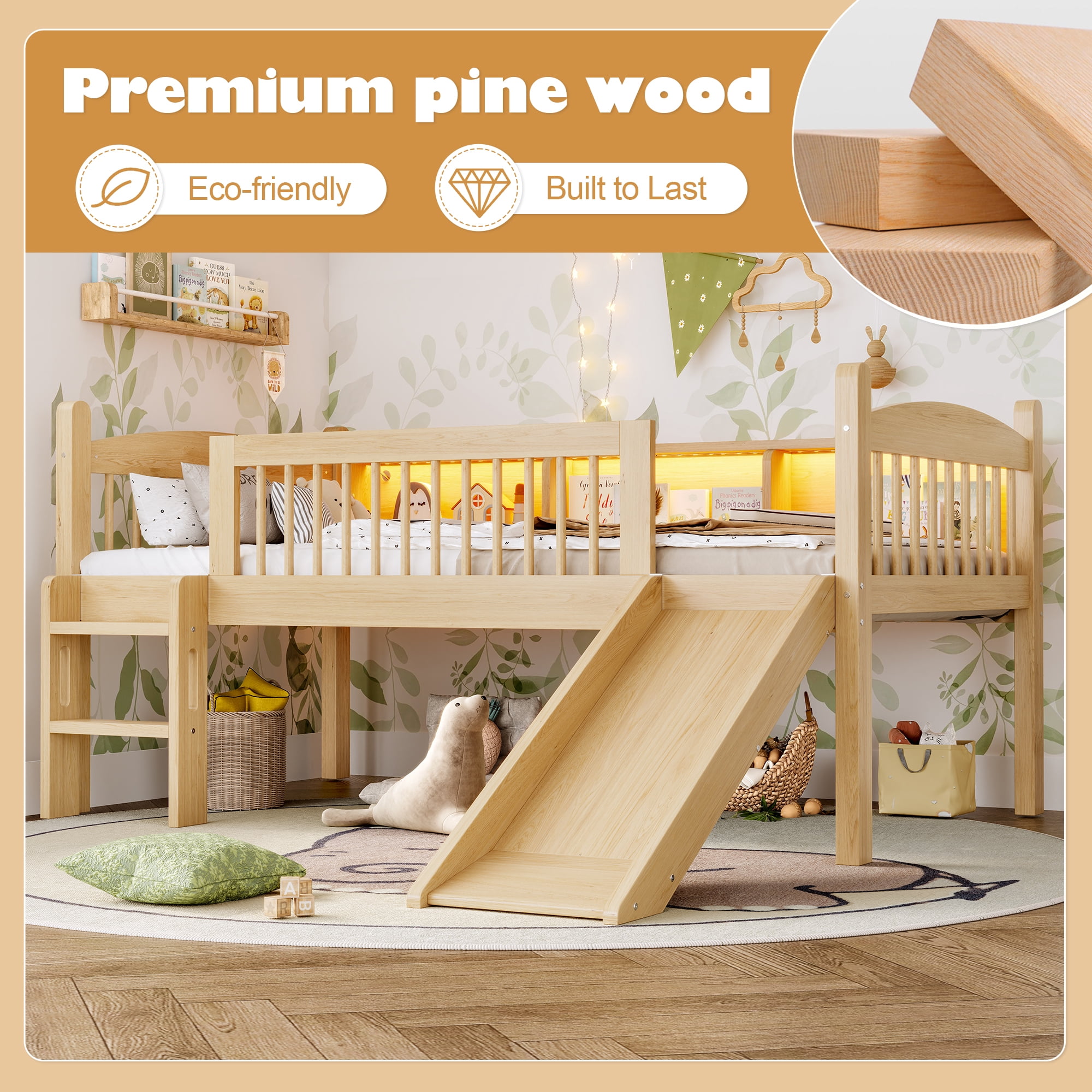 Leumius Twin XL Size Loft Bed with Slide,Solid Wood Loft Bed Frame with Storage Shelves,LED Lights and Full-length Guardrails,No Box Spring Needed,Natural