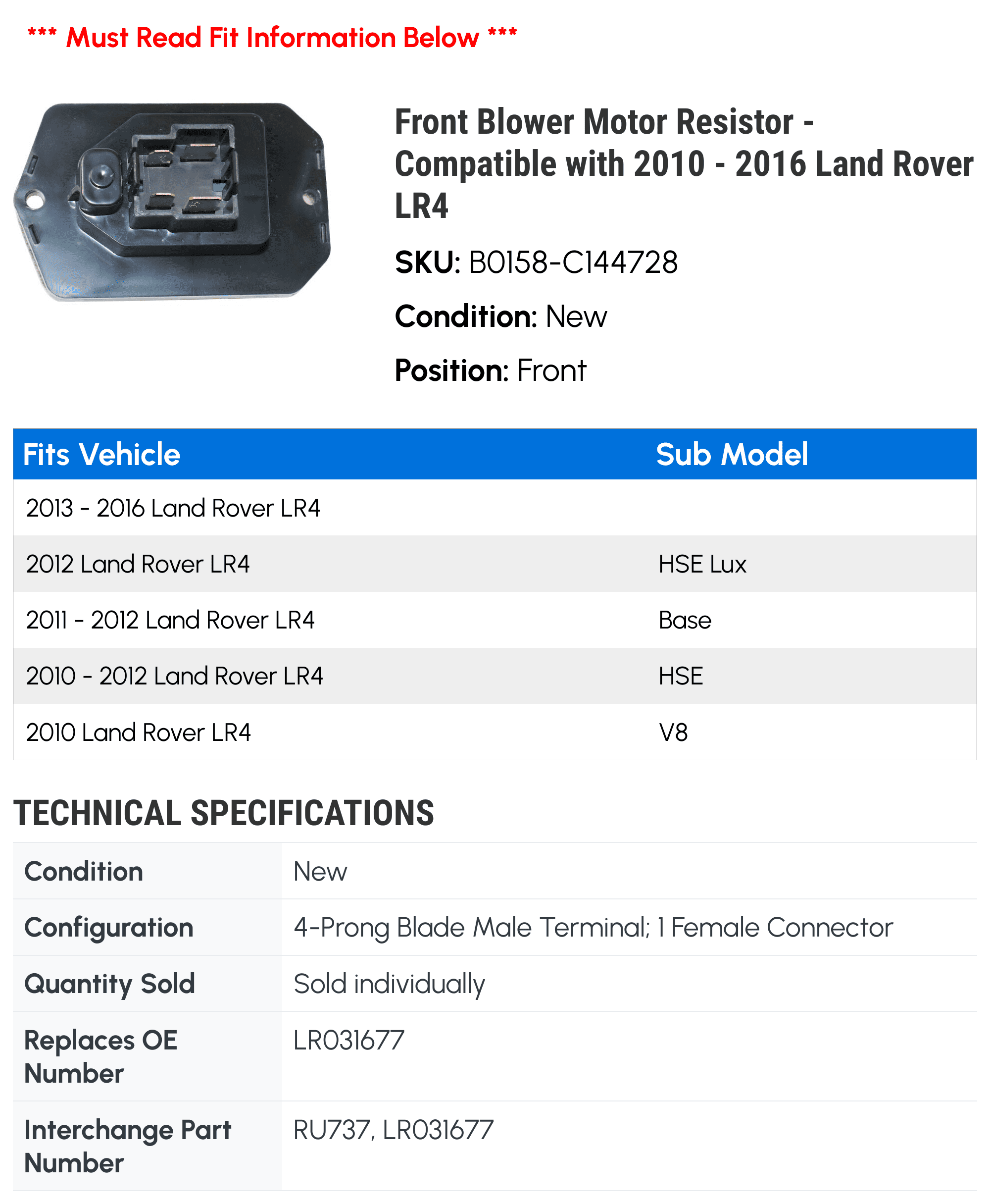 Front Blower Motor Resistor - Compatible with 2010 - 2016 Land Rover LR4 2011 2012 2013 2014 2015
