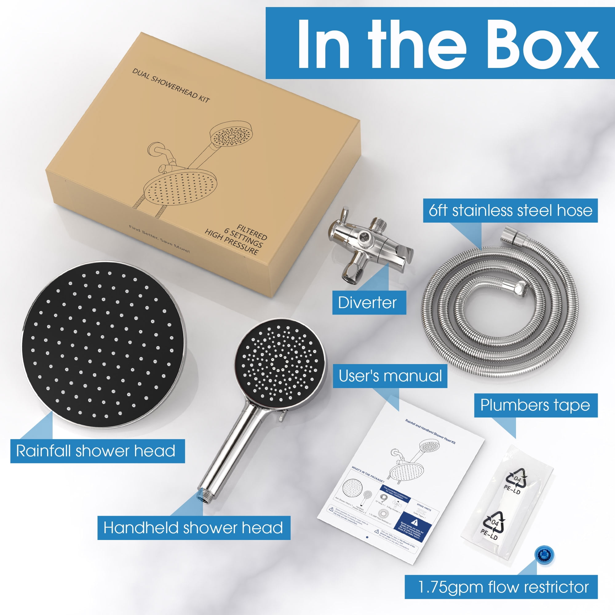 Qunler Dual Shower Head with Filter, 6 Modes 3-Way Rainfall High Pressure Showerhead with Handheld Combo 72" Long Hose, Black