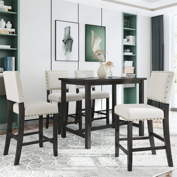 5 Piece Counter Height Dining Set Kitchen Table Wood And Chair Sets For Home Restaurant Com 5 Piece Counter Height Dining Set, Counter Height Wooden Table And Chairs