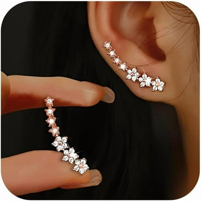 Vireellx Dainty Flower Climber Earrings in Silver Small 925 Sterling Trendy Jewelry