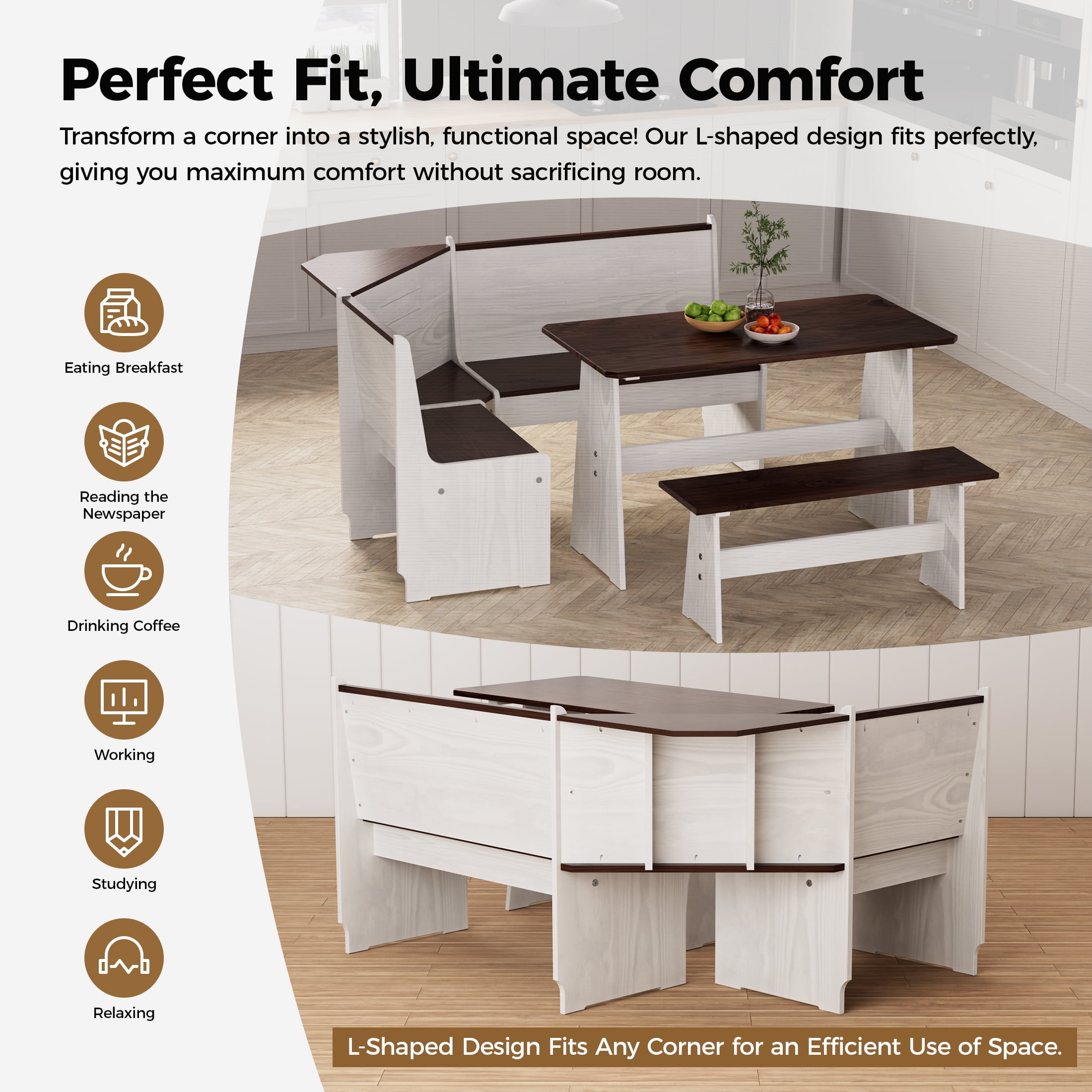 Breakfast Nook Kitchen Corner Dining Table Set, Nook Table Dining Room Sets for 3-5 with Bench, Farmhouse Corner Banquette Seating, White/Brown