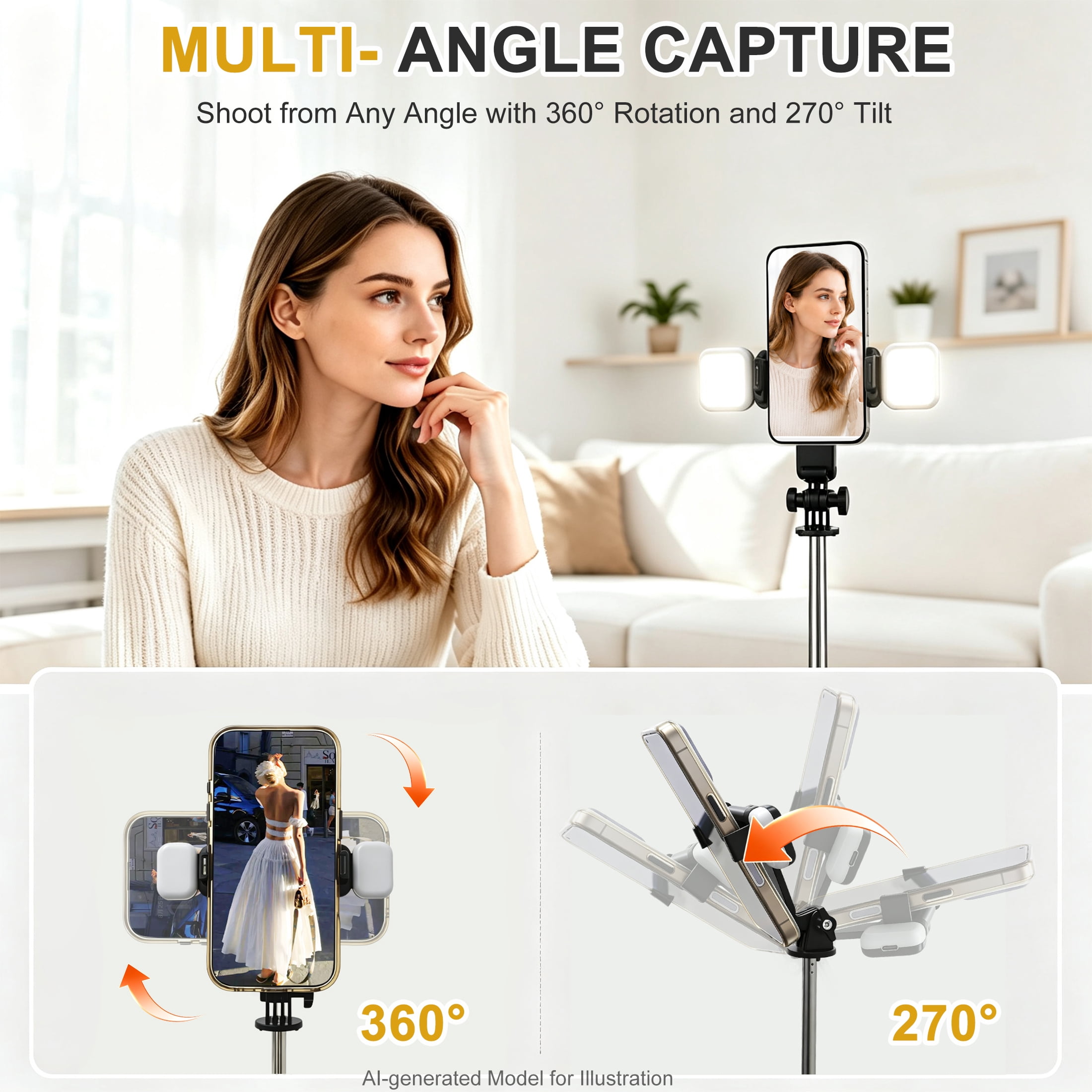 GARITIN Selfie Stick Tripod for Phone with Remote Control & Holder, Black
