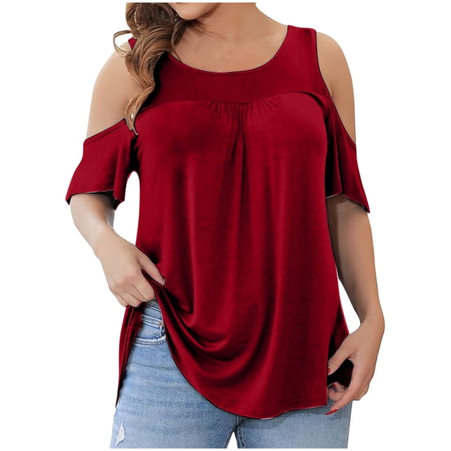 FAIWAD Hauts d'Été pour Femmes Épaules Dénudées Manches Courtes Col Rond T-Shirts Couleur Unie Tunique Basique Décontractée
