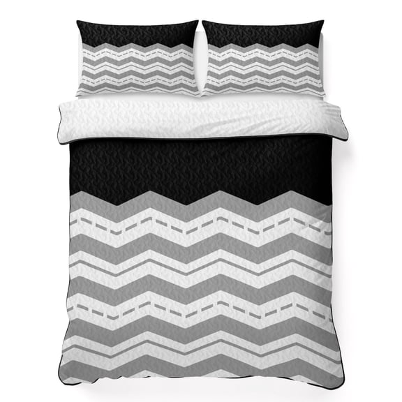 Twin XL Quilt Set, Grey Black Wavy Lightweight Quilt Sets Summer Comforter Coverlets with 2 Pillow Shams, Simple Geometric Art Breathable 3 Piece Bedding Set for All Seasons