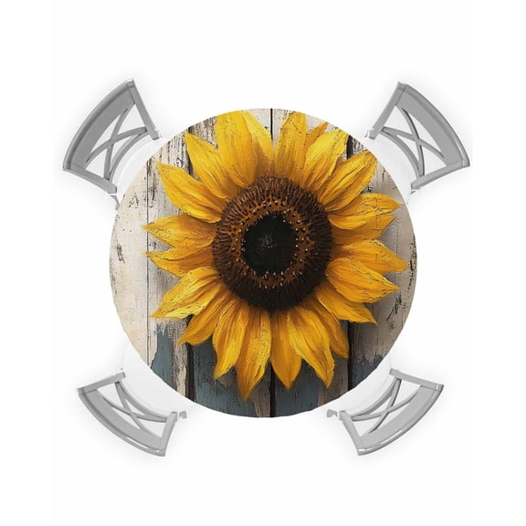 nqOlkjepod Yellow Sunflower Round Tablecloth, Fitted Table Cover with Elastic for 36"-44" Round Tables, Farmhouse Botanical Floral Wooden Table Cloth Outdoor Dinning Party Waterproof Tablecloths