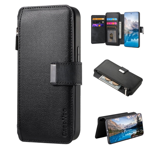For iPhone 17 Wallet [Support Magsafe Charger] Flip Magnetic Detachable 2 in 1 Flip PU Leather Phone Case with Card Slots [RFID Blocking], Zipper Bag, Kick-Stand Cover,Black