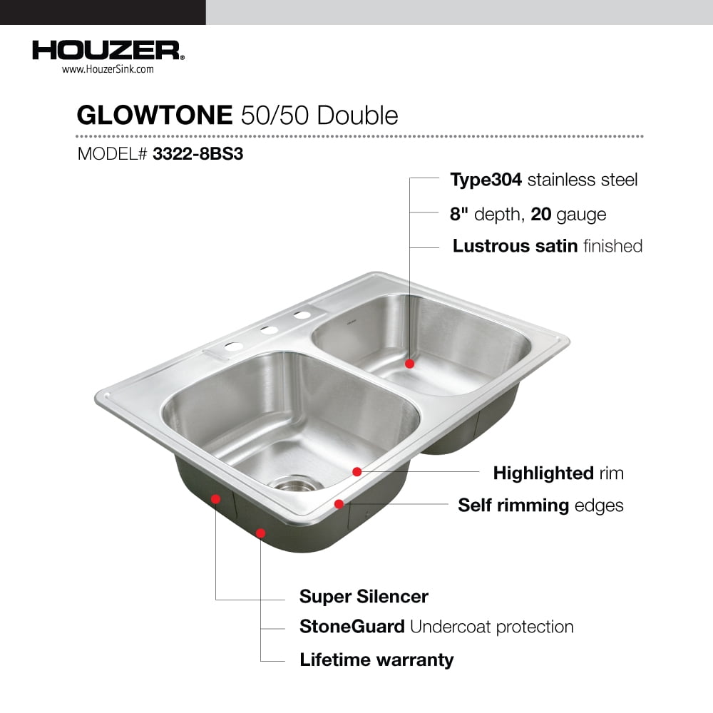 Houzer Glowtone 33 in Stainless Steel Topmount 3-hole 50/50 Double Bowl 8 in Deep Kitchen Sink - 3322-8BS3-1