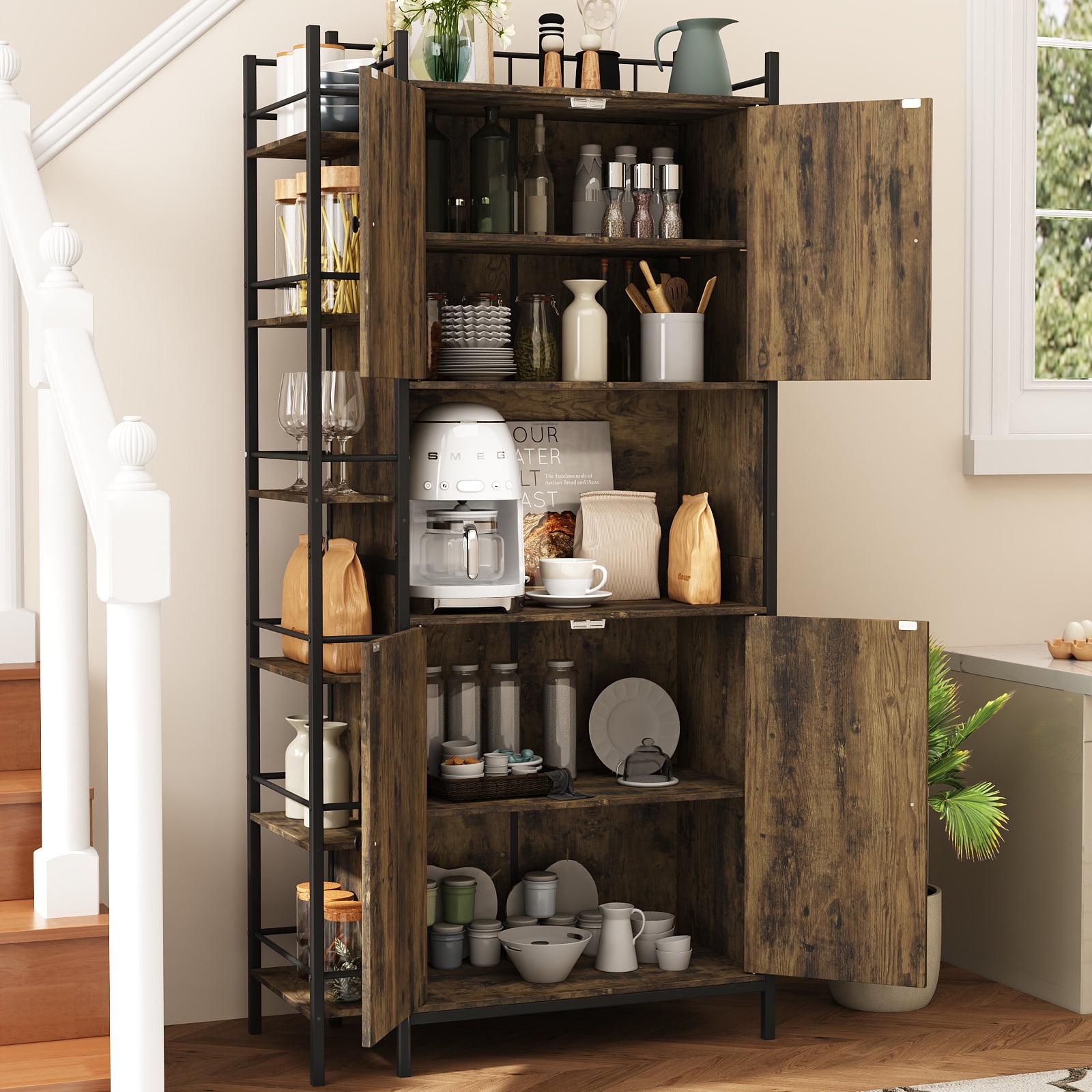 IDEALSOUL Pantry Storage Cabinets, 70.8" Kitchen Pantry Cabinet with Side Shelf, 2 Doors and 3 Shelves, Brown