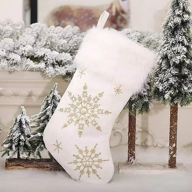 Media Navidad de copo de nieve bordada en blanco | Decoración navideña | Tela suave no tejida | 45x28cm | Chimenea decorativa, adorno colgante para árbol