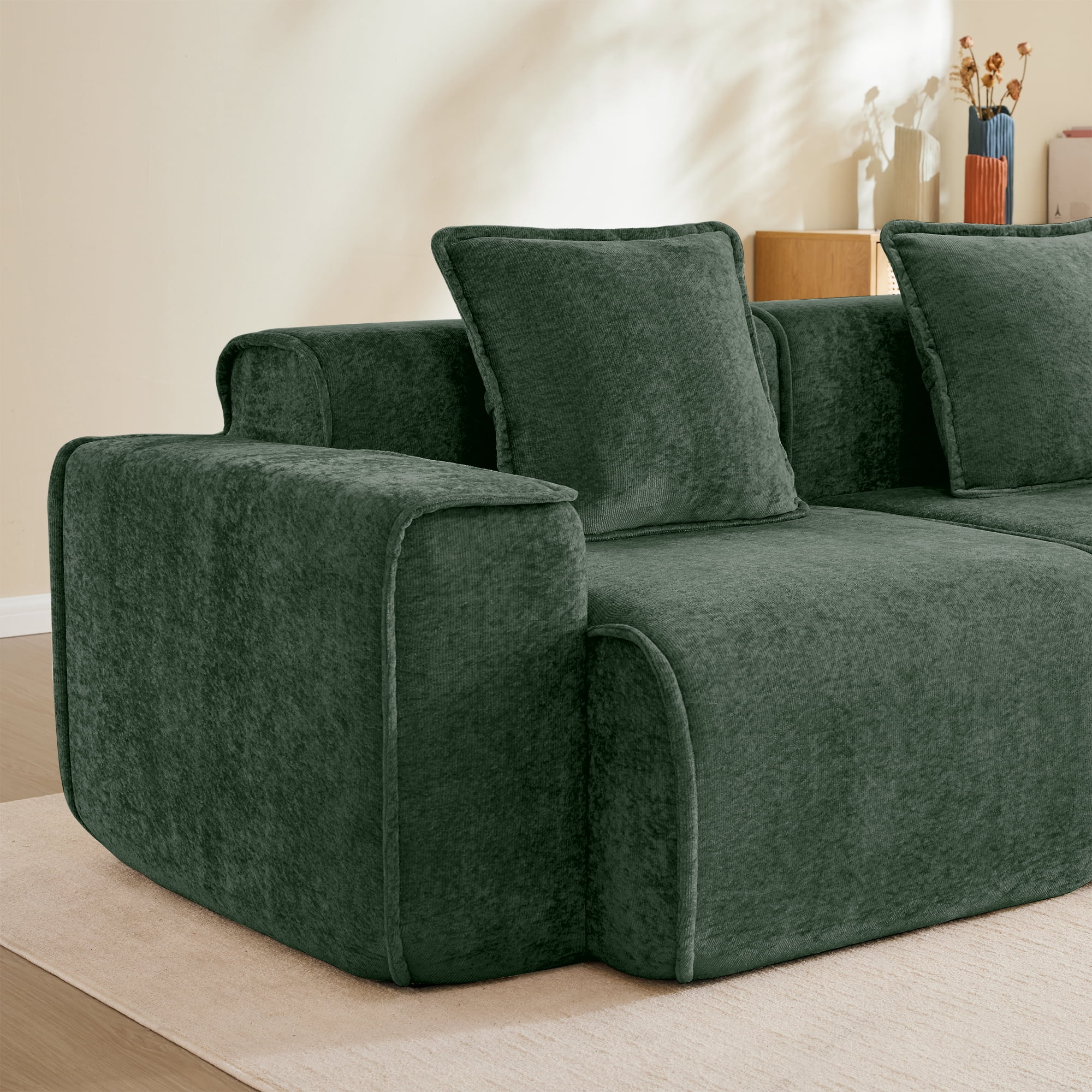 Aukfa 109" Oversized Boneless Couch Deep Seat 3 Seat Cloud Sofa for Living Room Bedroom, 3 Pillows, Velvet, Green