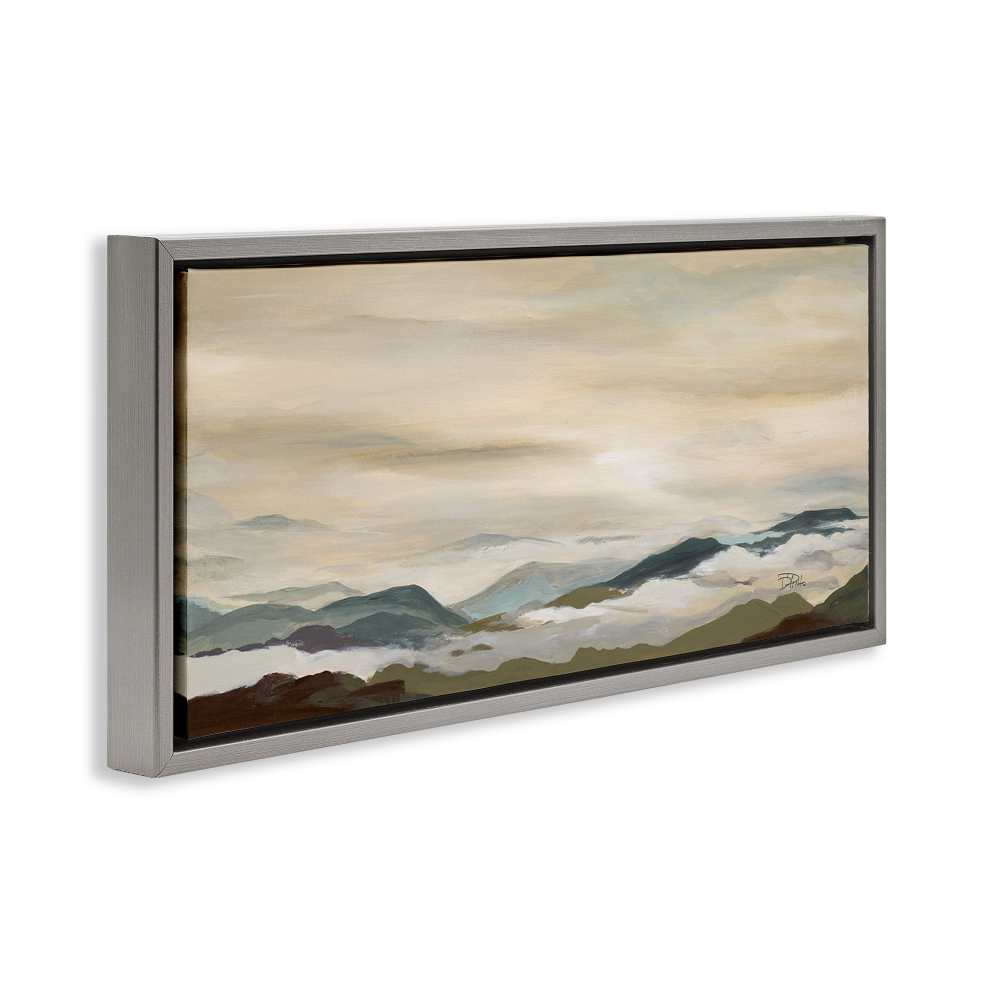 Stupell Industries Solemn Mountains Peeking Landscape Painting Gray Floater Framed Canvas Art Print Wall Art, 31 x 14