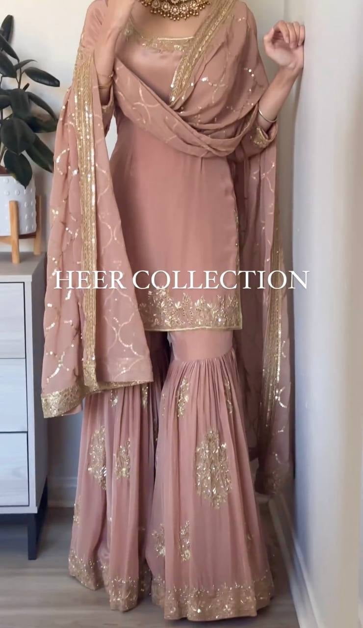 NS Fashion Peach Sequence Kurti Pent Sharara Partywear 3-Piece Set, Women's XXL
