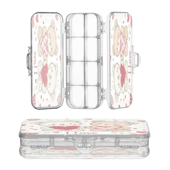 Wobogo Valentine Teddy Bear Clear Pencil Case Plastic Pencilboxes Stackable Design Study Materials for Classroom Office