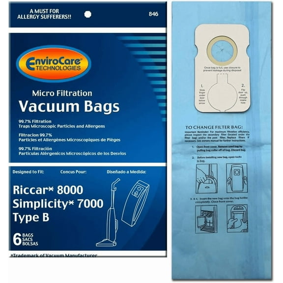 EnviroCare Replacement Micro Filtration Vacuum Cleaner Dust Bags made to fit Riccar 8000 Simplicity 7000 Type B 6 Pack