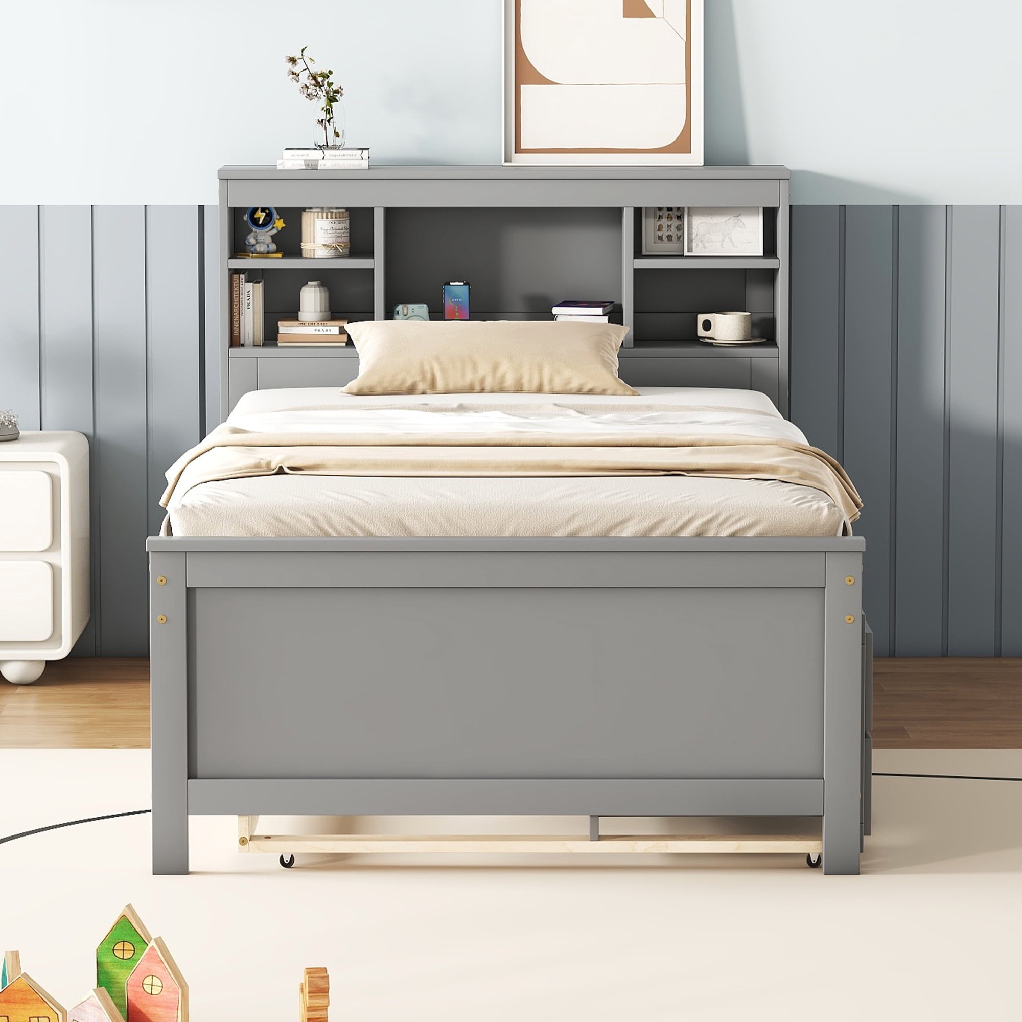 Euroco Wood Twin Size Platform Bed with Storage Trundle Bed and Drawers, USB Charging and Shleves, Gray