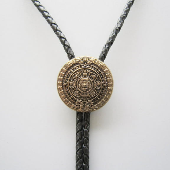 Vintage Gold Plated Aztec Calendar Wedding Bolo Tie Leather Necklace