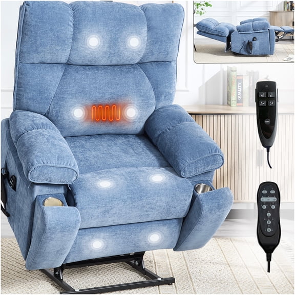 Blue Chenille Electric Power Lift Recliner Chair with Massage and Heat, Dual Motor Infinite Position Reclining, Remote Control, Oversized for Big and Tall, 350 lbs Capacity