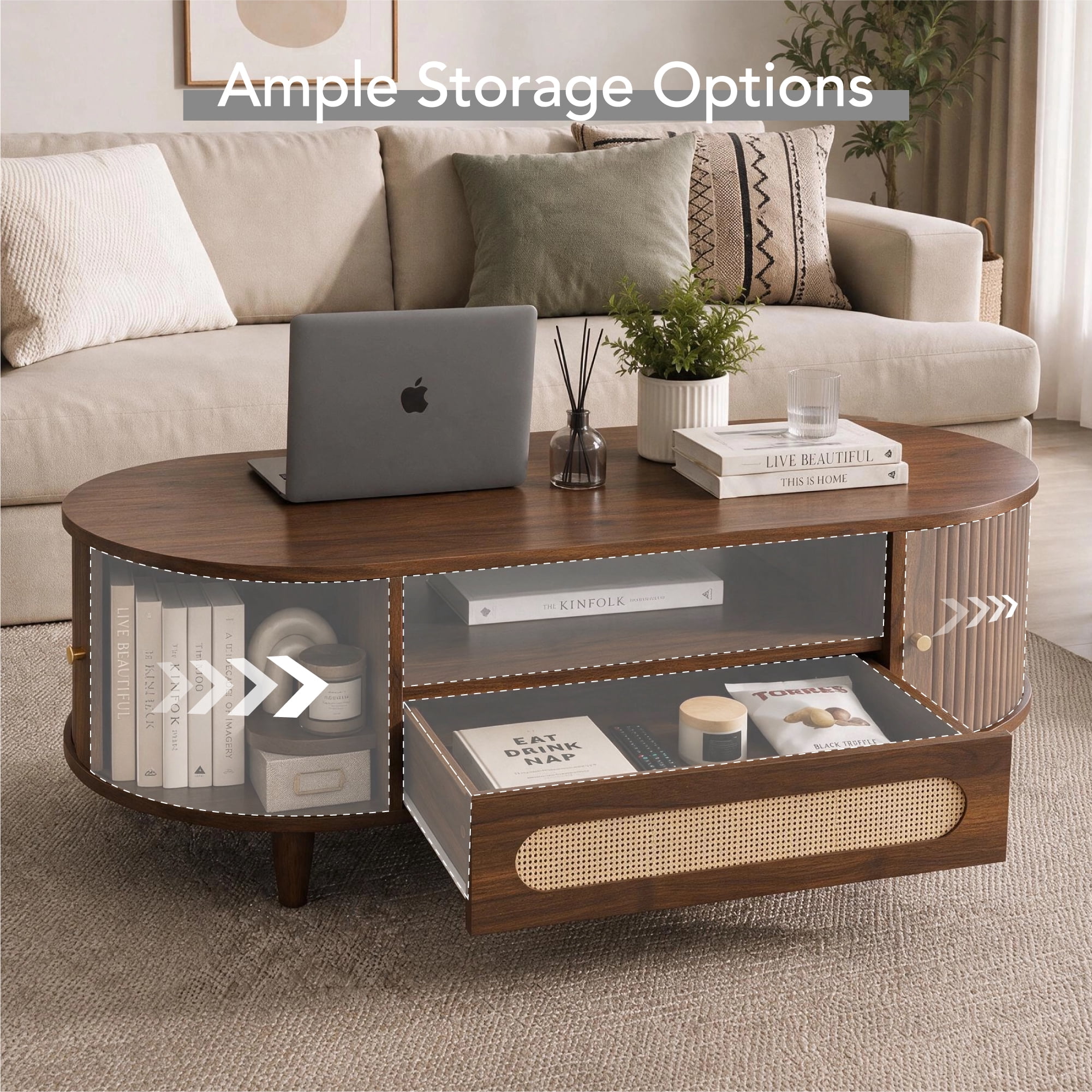 Spruce & Spring 47.2" Mid-Century Modern Rattan Coffee Table with Sliding Doors and Open Storage, Oval Center Table with Rattan Drawer, Solid Wood Legs for Living Room, Walnut
