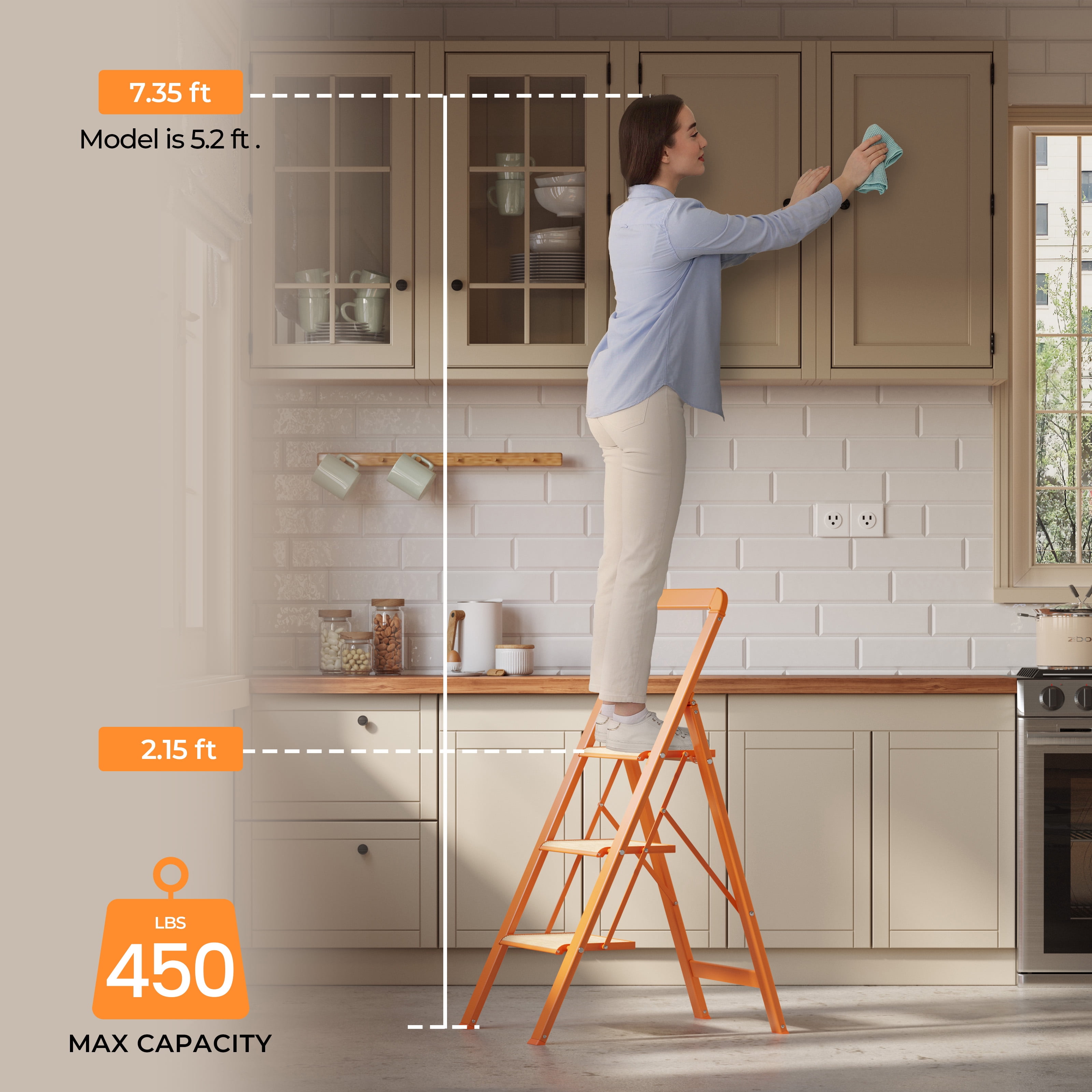 3 Step Folding Ladder 450 lbs Capacity Aluminum Alloy with Handrails Non-Slip for Home Kitchen Garage