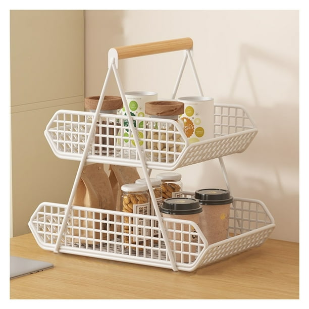 Cesta de fruta for encimera de 2 niveles con asas de transporte de madera, organizador de cocina
