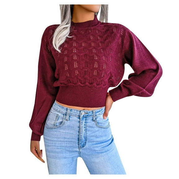 VSSSJ Women Long Sleeve Lightweight Cut Out Cropped Sweaters Casual Solid Color Crewneck Cable Knit Pullover Crop Sweater Jumper Wine M