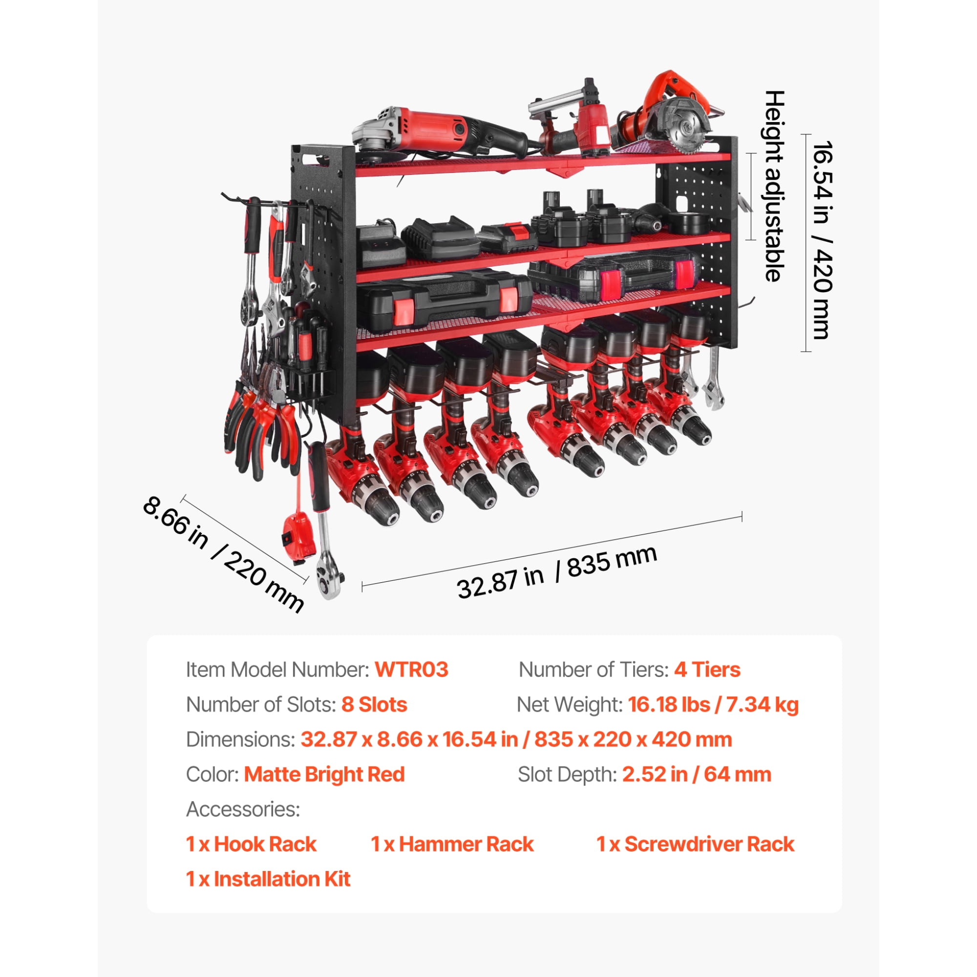 KFFKFF Wall-Mounted Power Tool Organizer, 4-Tier Storage Rack with 8 Drill Slots, Tool Holder and Rack with Side Pegboards, Ideal for Garage, Workbench, and Workshop Organization