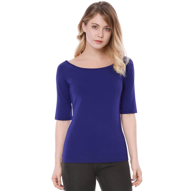Camiseta Suave De Media Manga Con Cuello Redondo Entallado Para Mujer Azul XXL