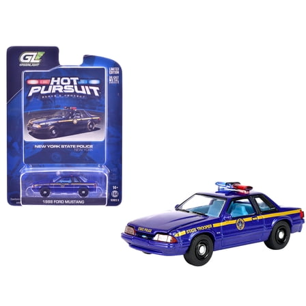 1988 Ford Mustang "New York State Police" Blue with Yellow Stripes and Blue Interior 1/64 Diecast Model Car by Greenlight