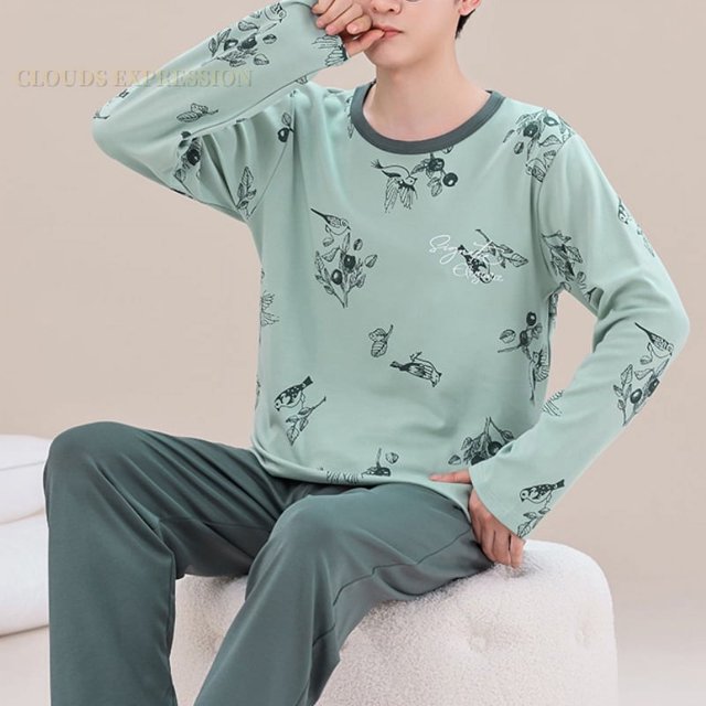 Printemps Automne Plus 5TG Pyjama Tricoté pour Hommes à Carreaux Ensembles de Pyjamas Décontractés Mode Nuit