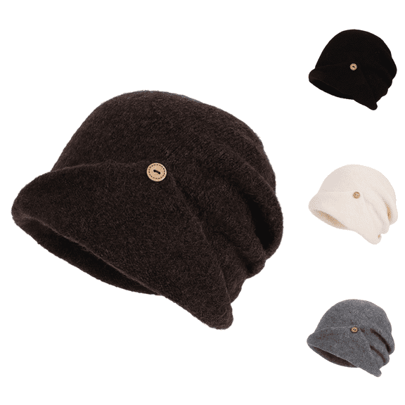 Women's Knit Slouch Beanie Hat Soft Beret Style Winter Warm Cap with Button Casual Fisherman Beanie for Fall Winter