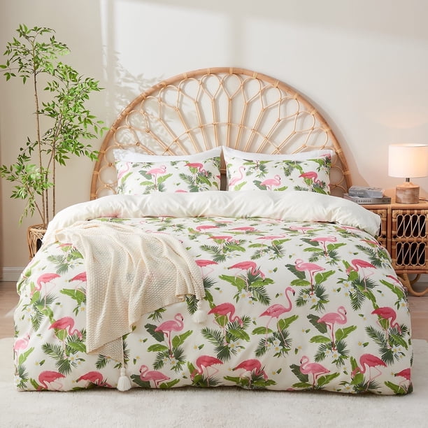 Gogreen Funda Nórdica Queen Floral, Juegos de Cama Queen de Microfibra Suave y Transpirable de 3 Piezas, Funda Nórdica Cómoda con Patrón Queen, con Cierre de Cremallera (Flamingo, Queen)