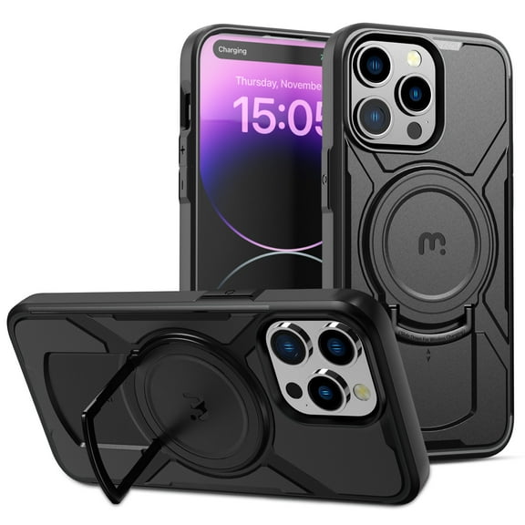 MYBAT Pro Stealth Series Phone Case for iPhone 15 Pro Max Case with Stand 6.7",Support Magnetic Car Mount, Heavy Duty Military Grade Drop Protective Rugged Bumper Armor Covers
