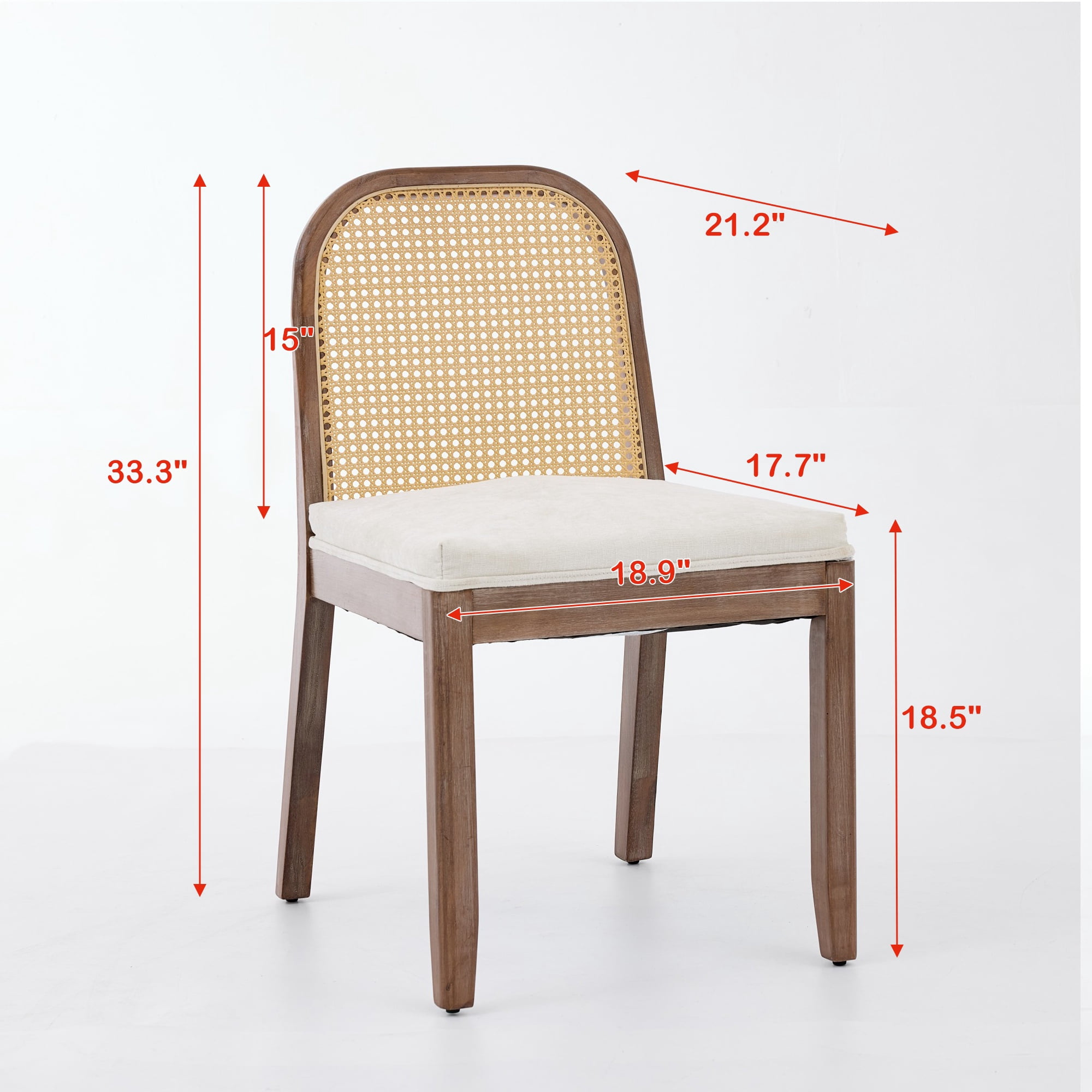 PORKISS Dining Chairs Set of 2, Upholstered Kitchen Chairs with Rattan Back, Mid-Century Solid Wood Dining Room Chairs with Thick Chenille Cushion, Beige