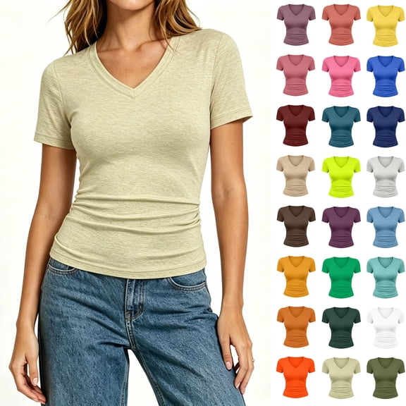 Women's V-Neck Short Sleeve Fitted T-Shirt,Everyday Casual Stretch Slim V Neck Tee, Women's Plus Beige,Size S-5XL
