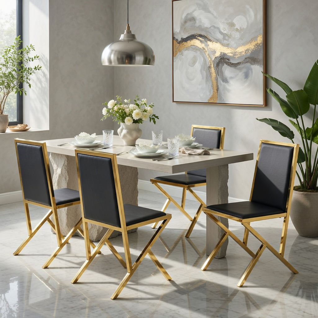 Hommoo 4-Pack PU Leather Dining Chairs with Metal Frame, Ergonomic Modern Design, Easy Assembly & Adjustable Non-Slip Feet, Black & Gold
