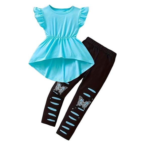 Ketyyh-chn99 Girls Sets Baby Girl Clothes 12 18 24 Months Outfits For Toddler Denim Girls' Clothing Ruffle Top Ripped Jeans Pant Sets Size for 3-4 Years,Sky Blue
