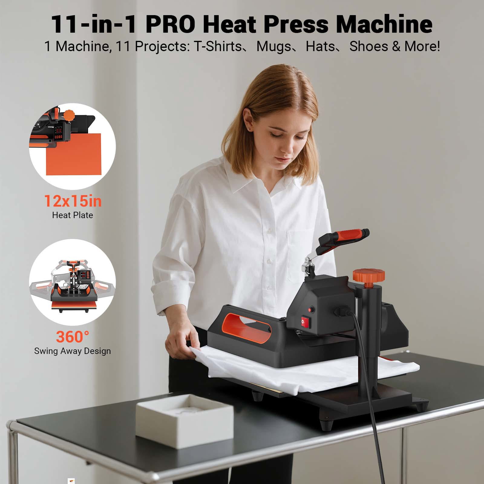 11 in 1 Heat Press, 12 x 15 Inch, Multifunctional Clamshell Printer, Digital Dual-Tube Heat Press Transfer Machine, Swing Away Sublimation Machine for T-Shirt Hat Cap Mug Plate Pen Shoes, Black