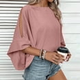 thumbnail image 2 of UAMVSH Flowy Tops for Womens Elegant Vacation Travel Dressy Blouses Loose Fit Crew Neck T-Shirts Cold Shoulder Solid Color 3/4 Sleeve Shirts(Large,Pink), 2 of 7