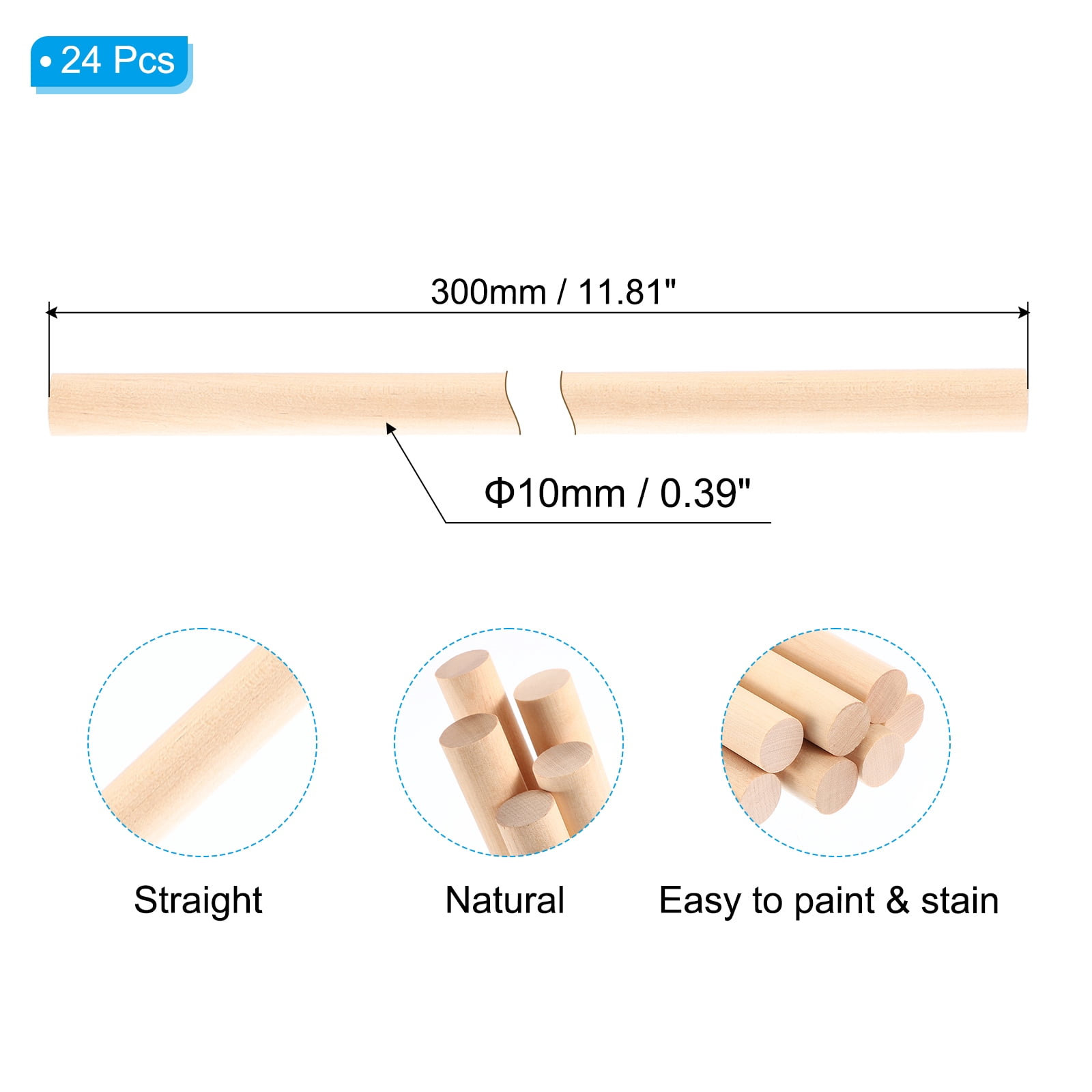 2/5x11.81inch Wooden Dowel, 240 Pcs Dowel Rod Wood Dowels Wood Sticks Unfinished Round, 10mm x 300mm