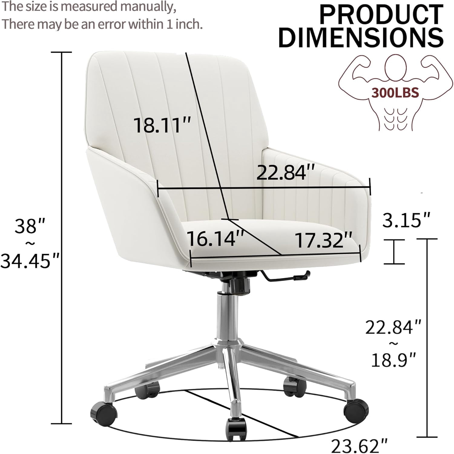 YWEN Velvet Office Desk Chair with Silver Base, with Wheels,Modern Height Adjustable 360 Degree Swivel Upholstered Vanity Chairs with Arms for Living Room Bedroom,Cream