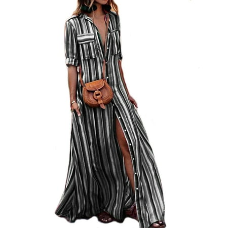 High Collar Dress - Summer Womens Rainbow Loose Button Down Collar Roll up Sleeve Stripes Bohemia Beach Long Maxi Dresses With Pockets