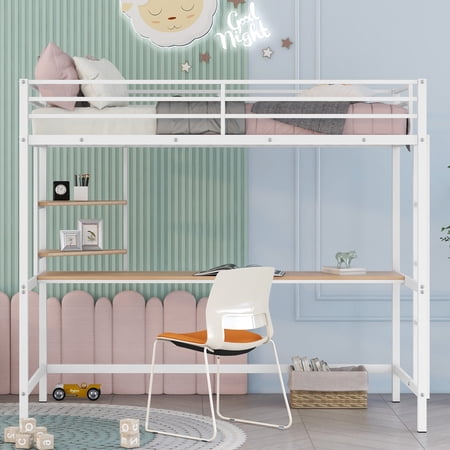 Cfowner Metal Loft Bed with Desk and Shelve  Twin Size  White